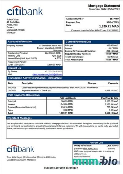 Maroko Citibank Morocco wyciąg z kredytu hipotecznego szablon Word i PDF